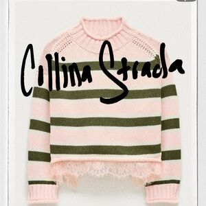Collina Strada Pastel Pink and Olive Striped Rollneck Sweater for JCrew